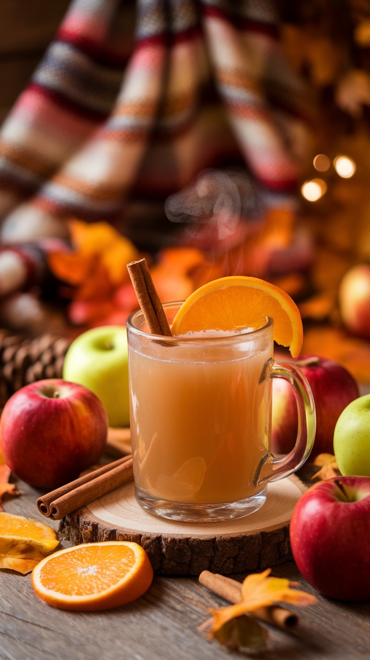 A steaming mug of warm apple cider with cinnamon stick and orange slice, surrounded by apples and fall decor.